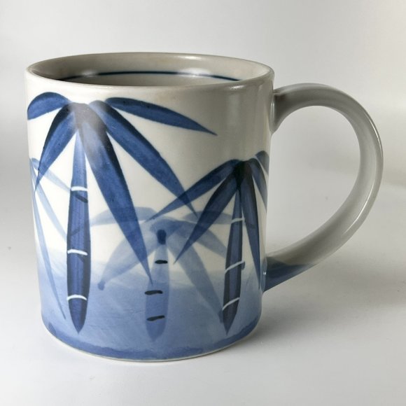 Vtg Bamboo Coffee Cup Mug Hand Painted Blue White Ceramic - Picture 2 of 10